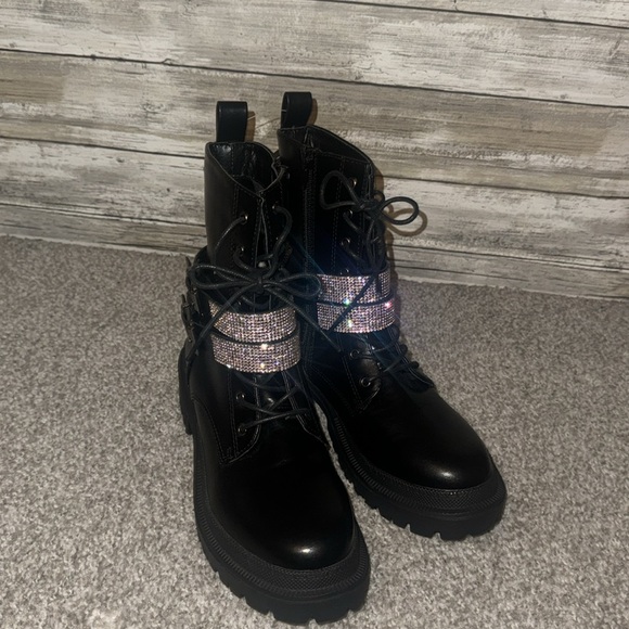 Buckled Rhinestone Combat Booties - Picture 2 of 4